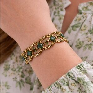 Hand Crafted Bronze Gold and Green Beaded Braided Bracelet